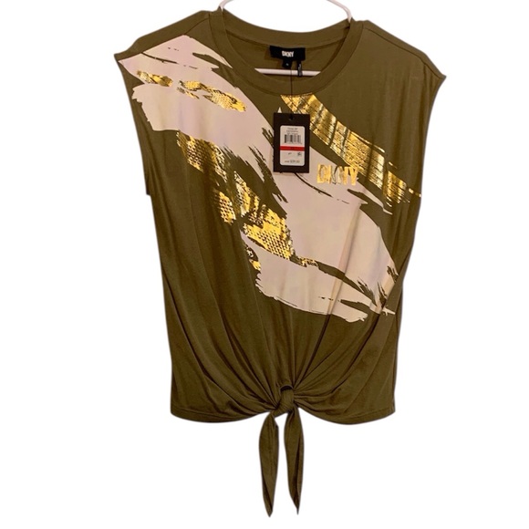 Dkny Tops - DKNY Olive and Gold Short Sleeve Tie-Front Tee